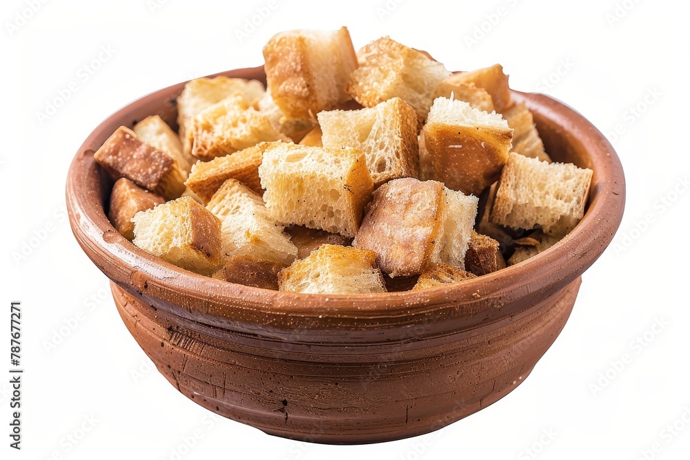 Fried bread in bowl on white background Caesar salad fixings Tasty snacks Top view With clipping path Fried bread in bowl on white background Caesar salad fixings Tasty snacks Top view With clipping path
