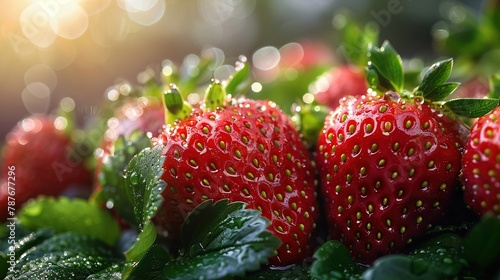 Plump, juicy strawberries, embellished with sparkling dew drops, recline upon verdant green foliage. Generative AI photo