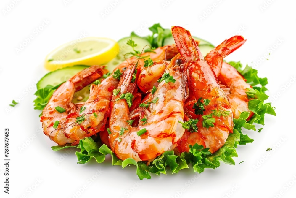 Fried shrimp with salad lemon and cucumber on white background Fried shrimp with salad lemon and cucumber on white background