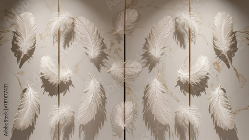  panel wall art, featuring a luxurious marble background adorned with delicate feather accents. Each feather exudes grace and sophistication