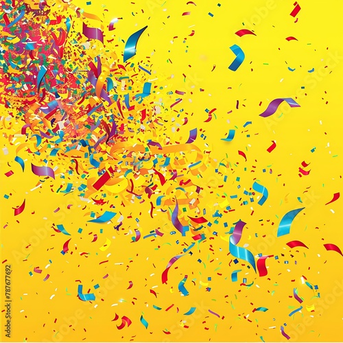 A vibrant yellow background with colorful confetti and ribbons falling from the top, creating an atmosphere of celebration © AH