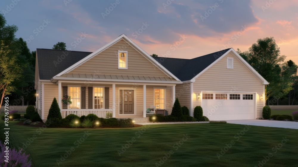 Captures the exterior of a singlefamily home at twilight, the warm beiges of the siding enhanced by the golden hour light, creating a picture of homey bliss