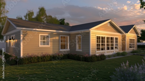 Captures the exterior of a singlefamily home at twilight, the warm beiges of the siding enhanced by the golden hour light, creating a picture of homey bliss © kitidach
