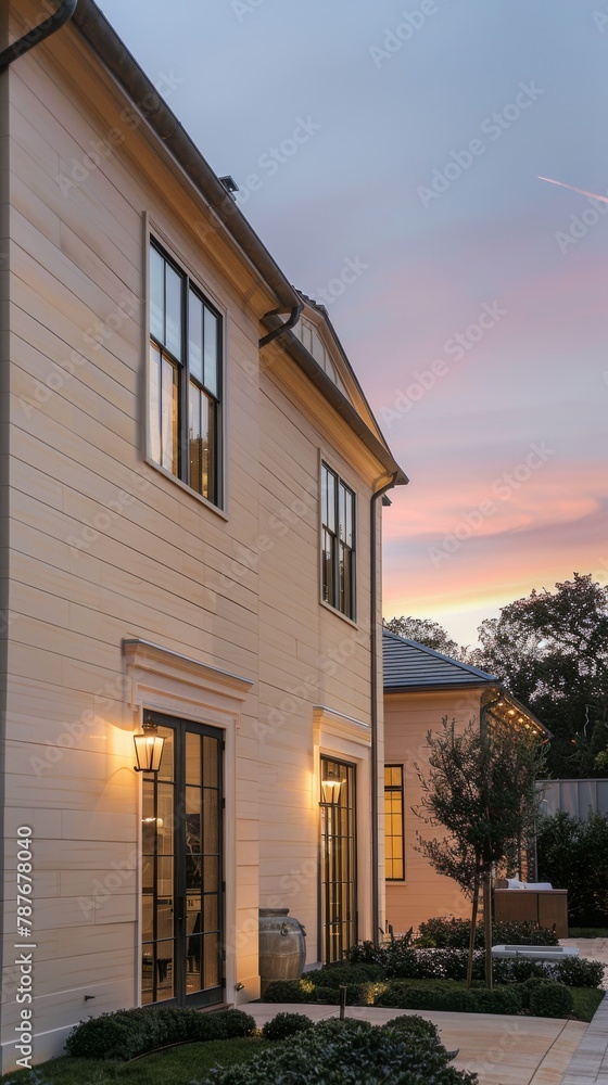 Captures the essence of a singlefamily home bathed in the soft glow of sunset, its warm beige exterior walls exuding a comforting, welcoming atmosphere