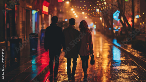 Back view of friends walking down the street at night