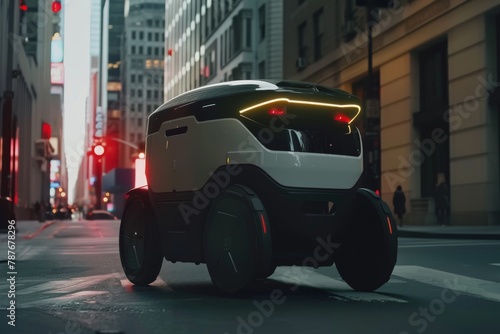 Autonomous delivery robot glides through city streets.