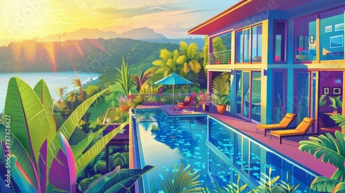 Captures a stunning aerial view of a luxurious house with a swimming pool, the cool blue waters contrasting beautifully against the lush green landscape, epitomizing upscale living © kitidach