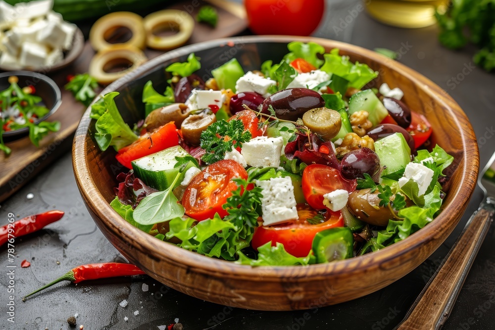 Greek salad with olives feta cheese tomatoes pepper lettuce and cucumber Healthy meal idea Greek salad with olives feta cheese tomatoes pepper lettuce and cucumber Healthy meal idea