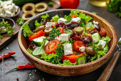 Greek salad with olives feta cheese tomatoes pepper lettuce and cucumber Healthy meal idea