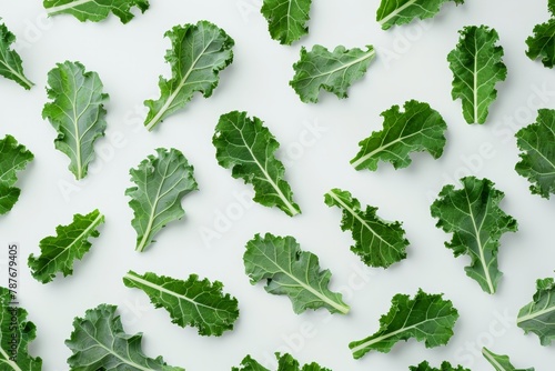 Green kale leaves pattern on white background healthy nutrition concept