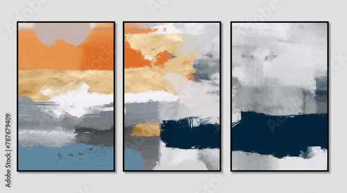 Set of three golden abstract oil painting art illustrations, modern minimalist hand drawn triptych for mural, wallpaper, decoration, poster, cover design