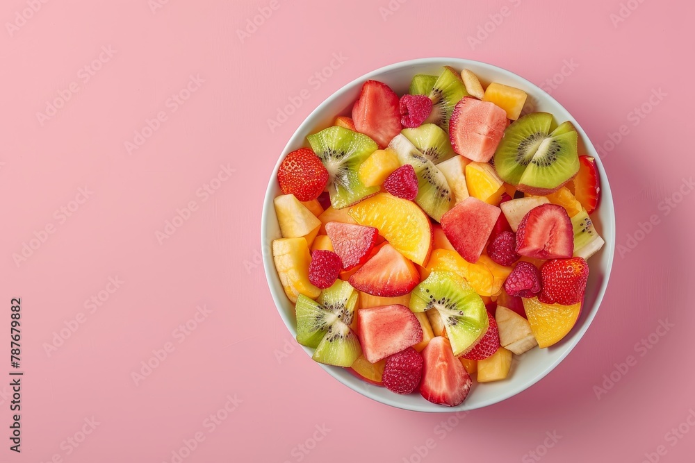 Fruit salad in bowl on pink background Fresh slices viewed from above Fruit salad in bowl on pink background Fresh slices viewed from above
