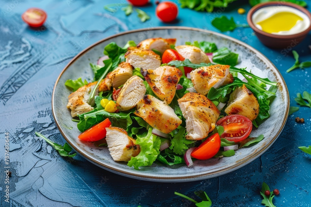 Greek inspired Caesar salad with chicken on blue background Greek inspired Caesar salad with chicken on blue background