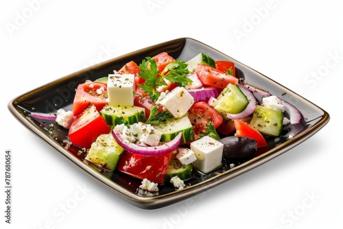Greek salad on white square plate