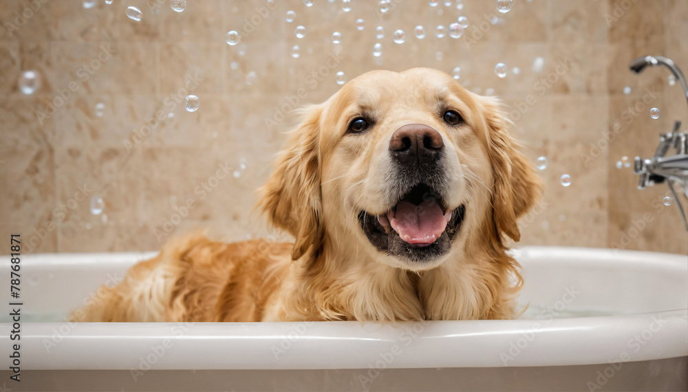 Obraz premium Joyful golden retriever enjoying a bubbly bath, bathtub filled with soap foam