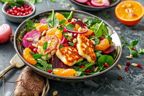 Grilled Halloumi Cheese salad with colorful toppings
