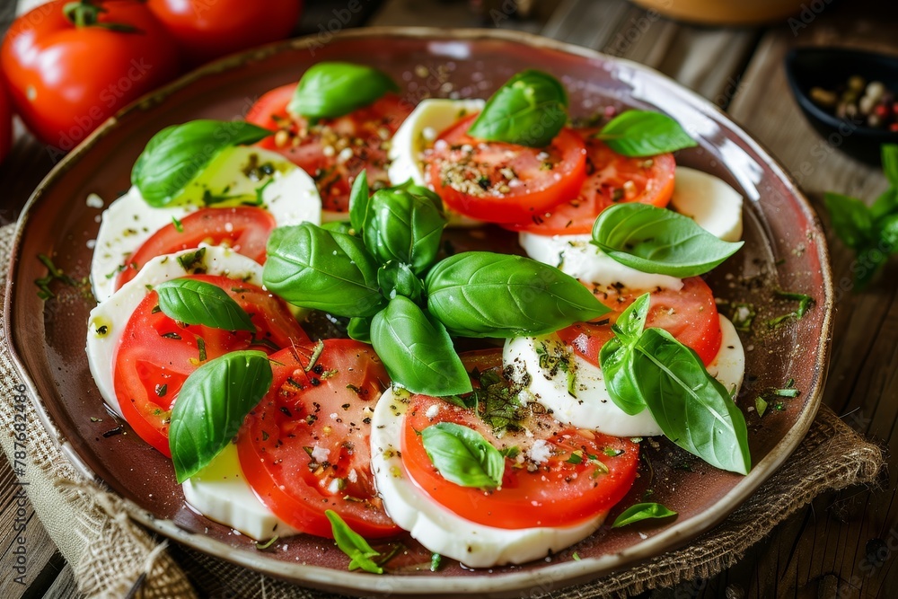Mozzarella tomatoes and basil combine in Caprese salad Mozzarella tomatoes and basil combine in Caprese salad