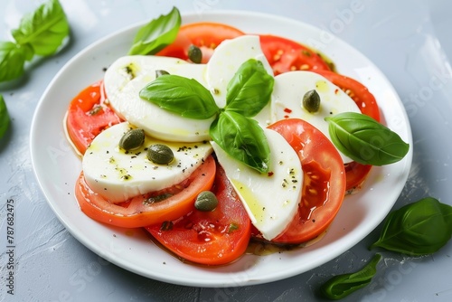 Mozzarella tomato basil capers on white plate top view