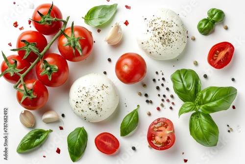 Mozzarella tomatoes basil and spices on white background top view Food ingredients close up