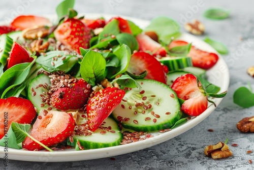 Summer salad with strawberries cucumber nuts and flax seeds on white plate