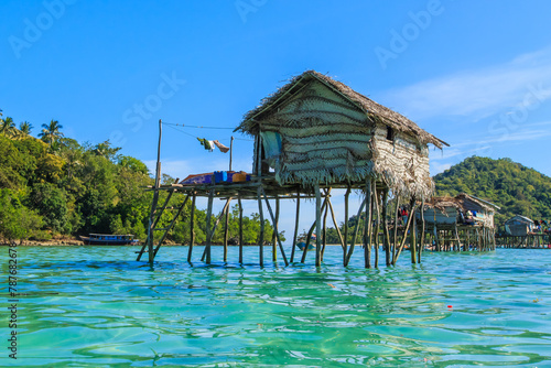 Beautiful landscapes view borneo sea gypsy water village in Bodgaya Island, Semporna Sabah, Malaysia.