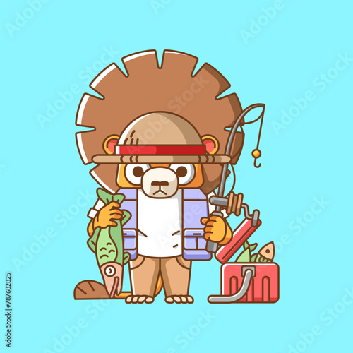 Cute cat fisher fishing animal chibi character mascot icon flat line art style illustration concept cartoon