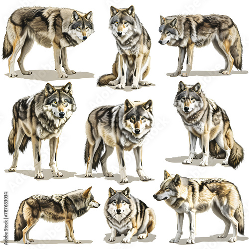 Clipart illustration featuring a various of wolf on white background. Suitable for crafting and digital design projects. A-0002 