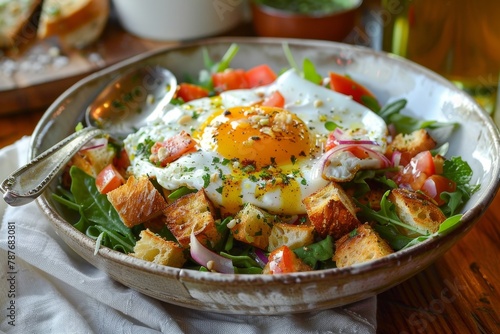 Sunny side up eggs and panzanella salad on wooden surface