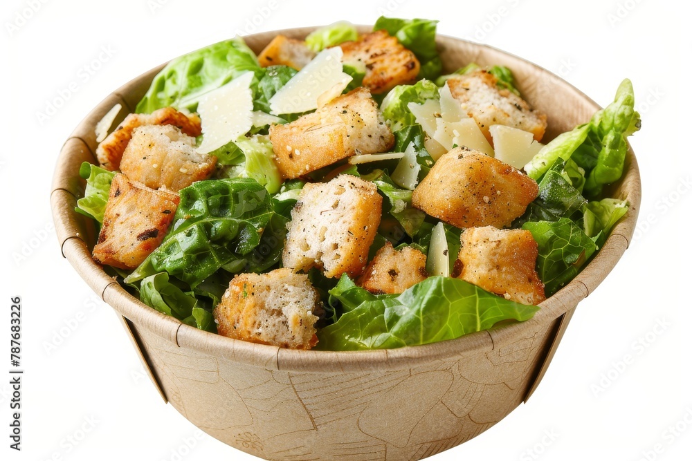 Takeaway Caesar salad in paper bowl on white background top view