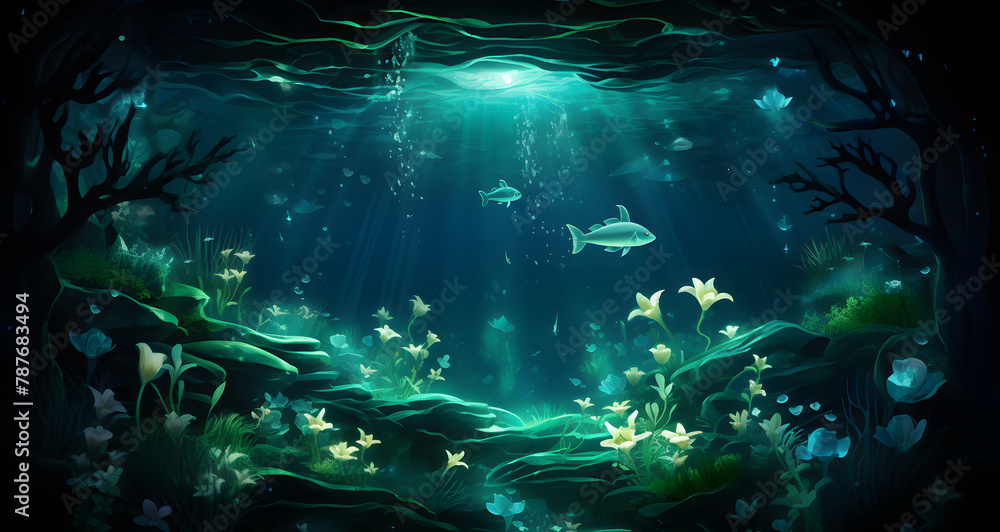 the background artwork is created with underwater creatures and plants
