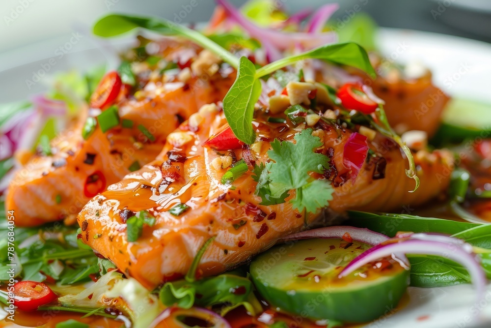 Thai style spicy salmon salad at a Thai restaurant with bite sized salmon and spicy sauce Thai style spicy salmon salad at a Thai restaurant with bite sized salmon and spicy sauce