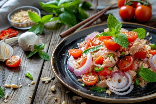 Thai spicy tuna salad with onions and tomatoes on a wooden plate