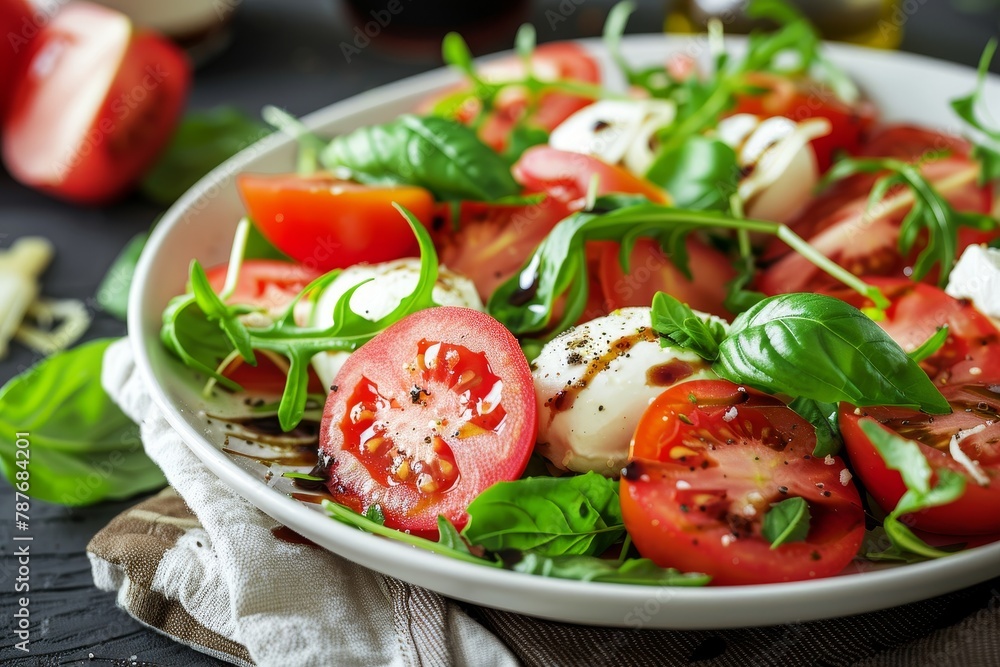 Tomato and mozzarella salad with arugula and balsamic vinegar Toppled with basil