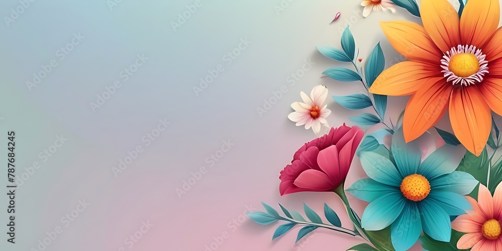 Obraz premium A delicate arrangement of flowers and green foliage set against a soft, gradient background