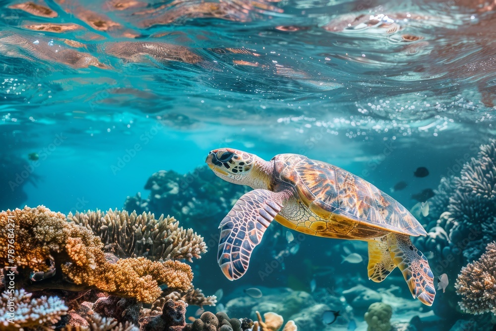 Fototapeta premium Sea turtle swimming in coral reef underwater.