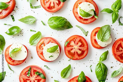 Tomato mozzarella basil salad on white background