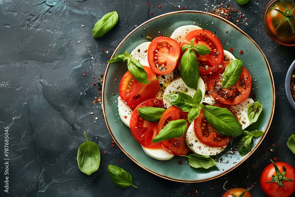 Top view of Caprese salad with tomato mozzarella basil Top view of Caprese salad with tomato mozzarella basil