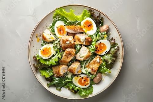 Top view of chicken Caesar salad with quail eggs isolated