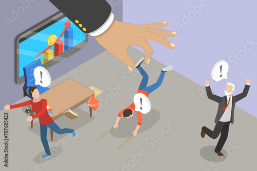 3D Isometric Flat Vector Illustration of Hostile Manager, Stressed Office Employees