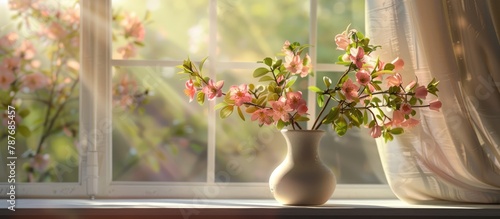 Vase of lovely spring blooms set against a window backdrop