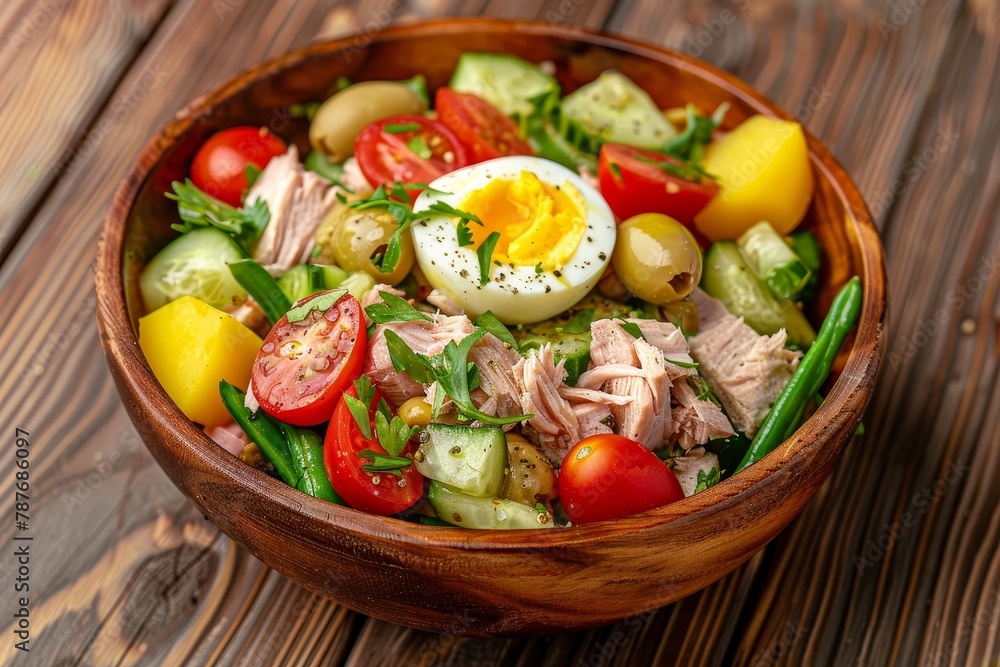 Top view of Nicoise salad in wooden bowl with tuna tomatoes olives green beans cucumber eggs and potato on wooden background