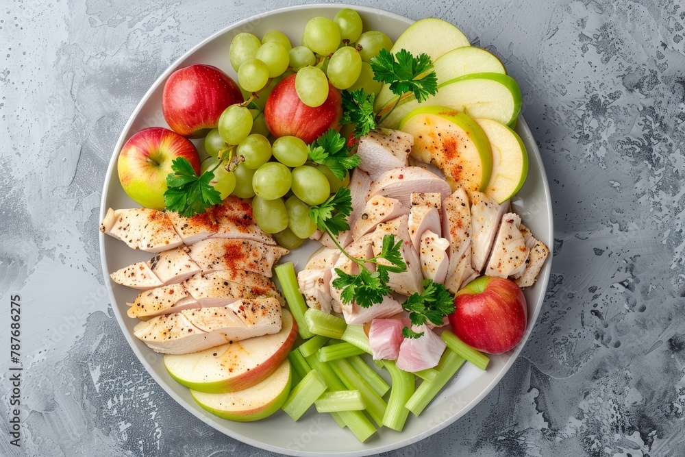 Top view of salad with chicken apples celery grapes