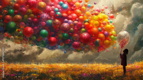 Child with Balloon Gazing at a Sky Filled with Colorful Spheres - Whimsical Dreams and Joyful Imagination Concept