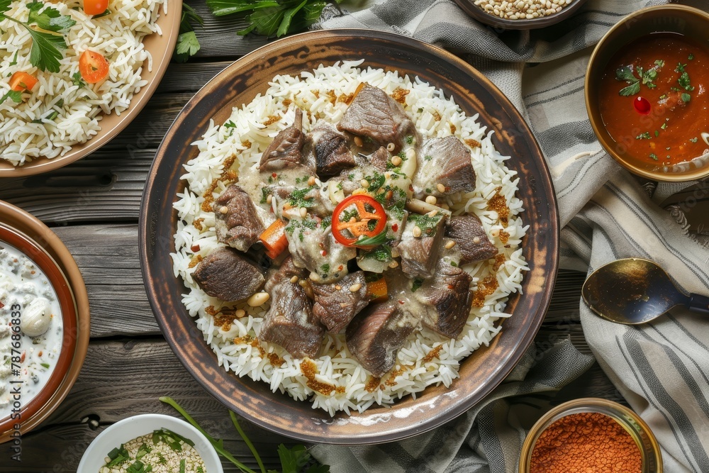 Traditional Arab dish with lamb in fermented yogurt sauce served with rice Top down view