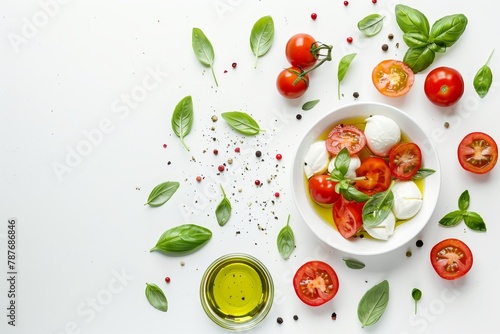 Traditional Italian Caprese salad with classic ingredients Top view on white background with copy space