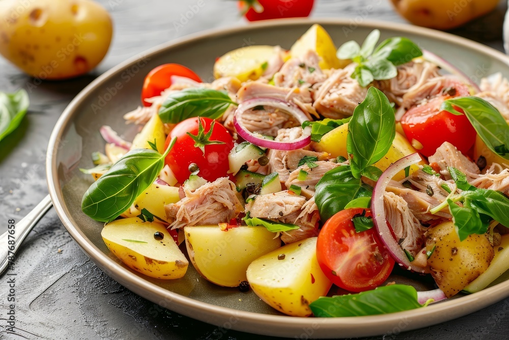 Tuna salad with tomatoes potato onion