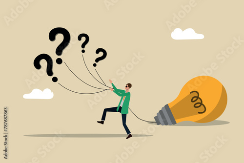 Problem solving, turning question into idea, growth and creativity process, courage and action, brain storm management, business man while connecting question mark string to idea bulb