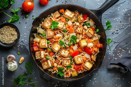 Vegan stir fried noodles with tofu and veggies in cast iron pan Top view on light background Health conscious vegan dish