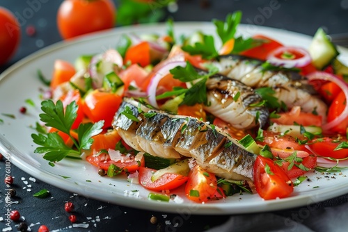 Vegetable and herring fish salad on a plate for snacking photo