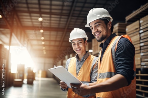 Portrait of two warehouse workers hardhats in warehouse